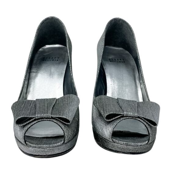 Stuart Weitzman silver pewter Bowright peep toe bow platform pumps size 8 - Picture 2 of 16